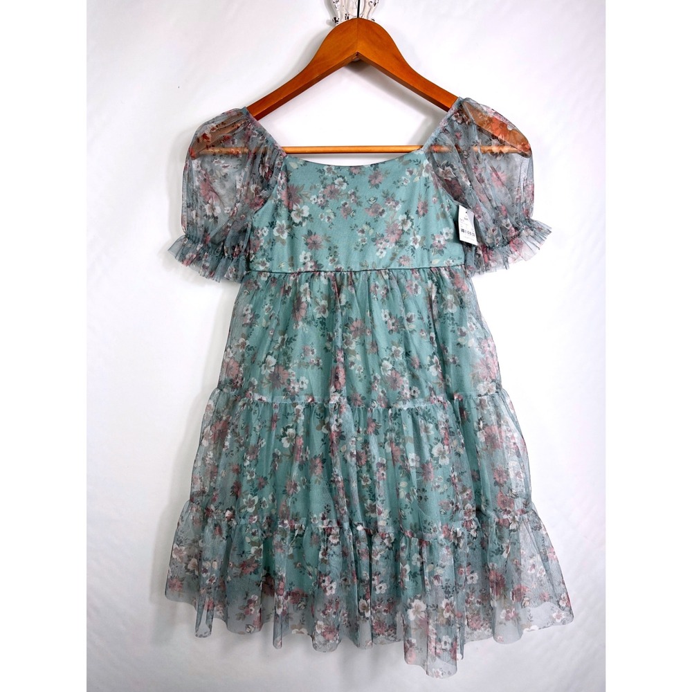 Zenzi Girls Sage Green Floral Tiered Mesh‎ Puff Sleeve Dress S 6/7 AYD24505 NEW